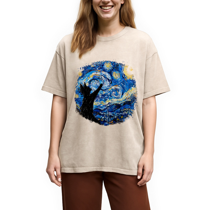 Modecanvas Starry Night Cat Washed T-Shirt