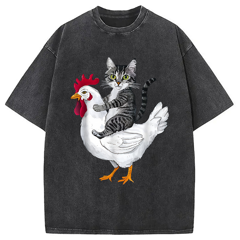 Modecanvas Funny Cat Riding Chicken Washed T-Shirt