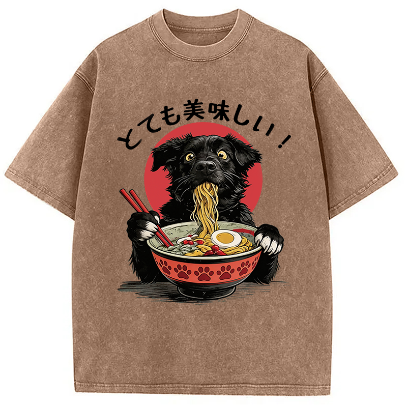 Modecanvas Dog Eating Ramen Joyfully DTG Printing Washed T-Shirt