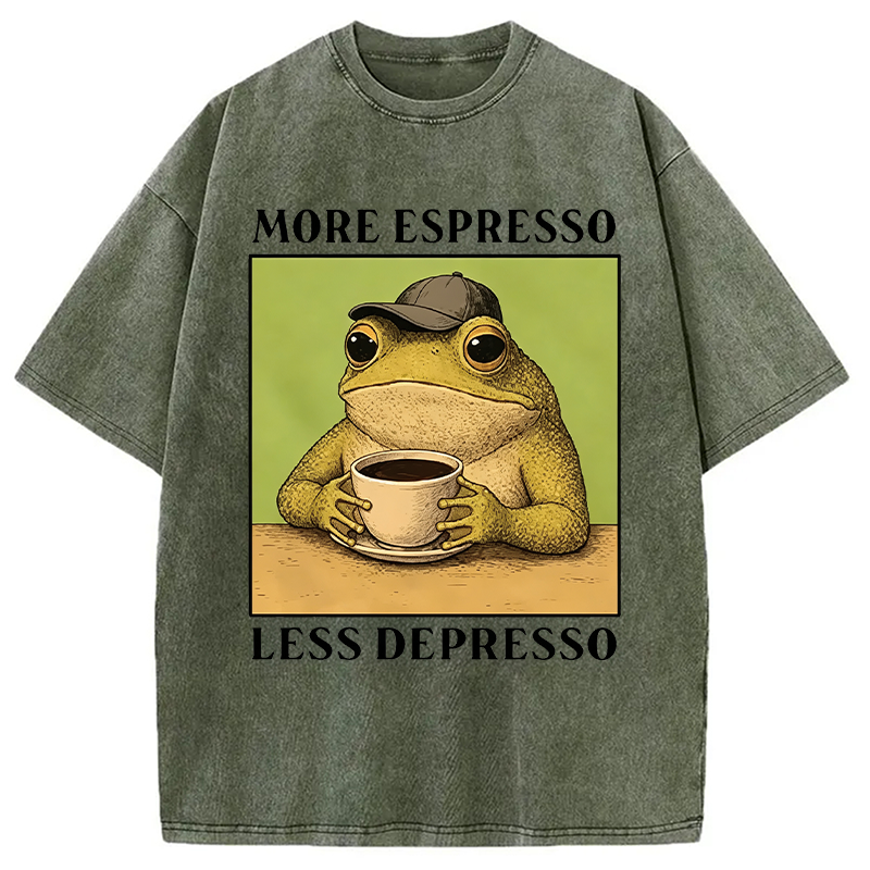 Modecanvas Frog Drinking Coffee Funny DTG Printing Washed T-Shirt