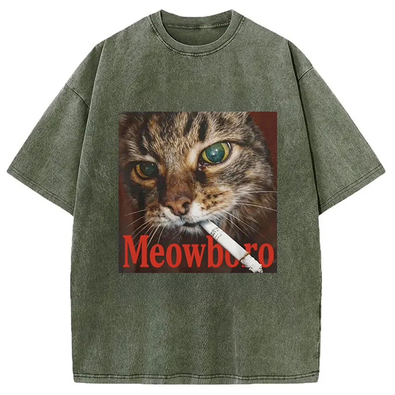Modecanvas Funny Smoking Cat Meme Washed T-Shirt-modecanvas