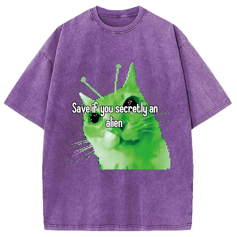 Modecanvas Alien Cat Meme Funny DTG Printing Washed T-Shirt