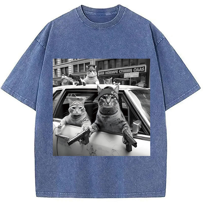 Modecanvas Funny Gangster Cats DTG Printing Washed T-Shirt-modecanvas