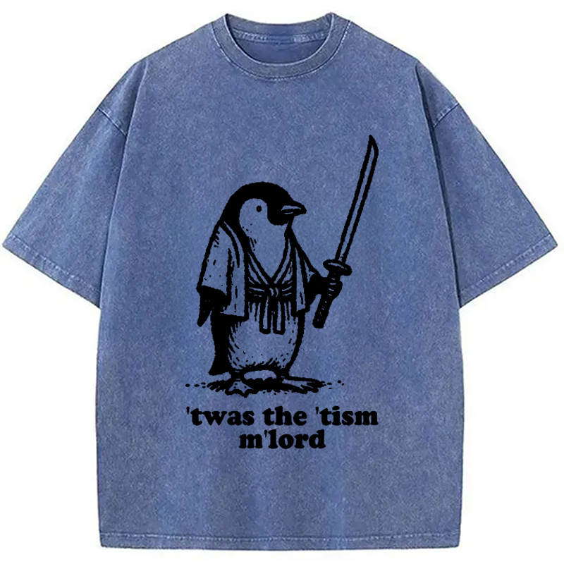 Modecanvas Focused Penguin Samurai Washed T-Shirt-modecanvas
