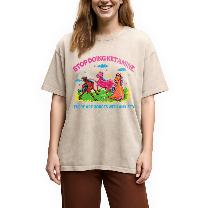 Modecanvas Horses With Anxiety Y2K DTG Printing Washed T-Shirt