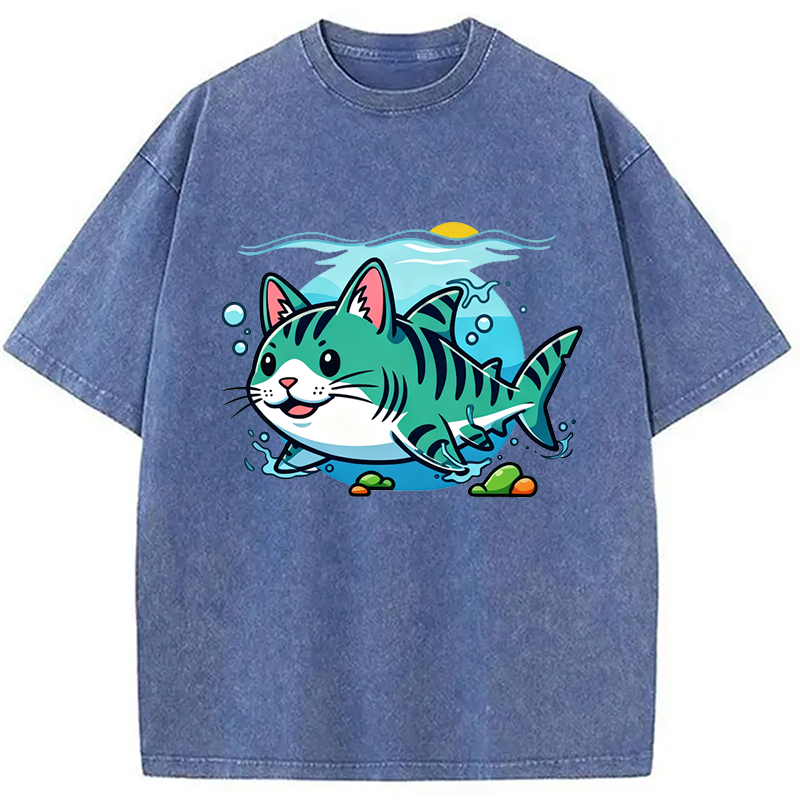 Modecanvas A Cat Shark Washed T-Shirt