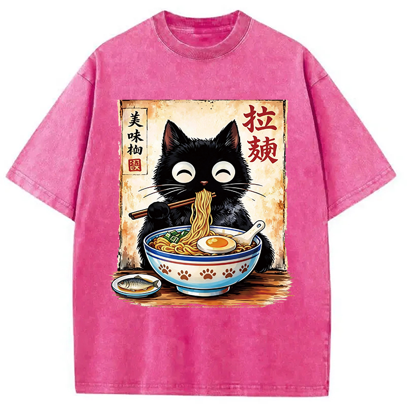 Modecanvas Cute Cat Slurping Ramen DTG Printing Washed T-Shirt