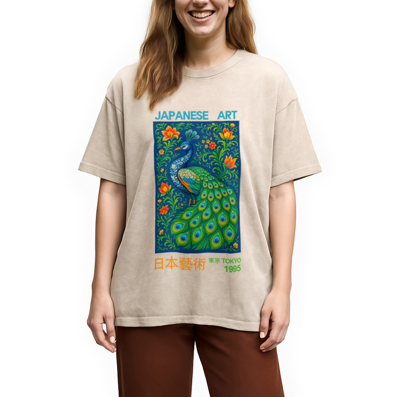 Modecanvas Majestic Peacock Japanese Art Washed T-Shirt