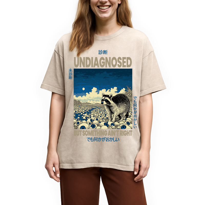Modecanvas Funny Mental Health Japanese Raccoon DTG Printing Washed T-Shirt-modecanvas