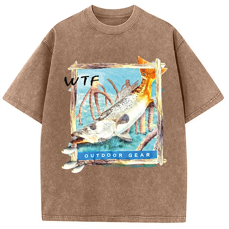 Modecanvas Funny WTF Fishing Fish DTG Printing Washed T-Shirt