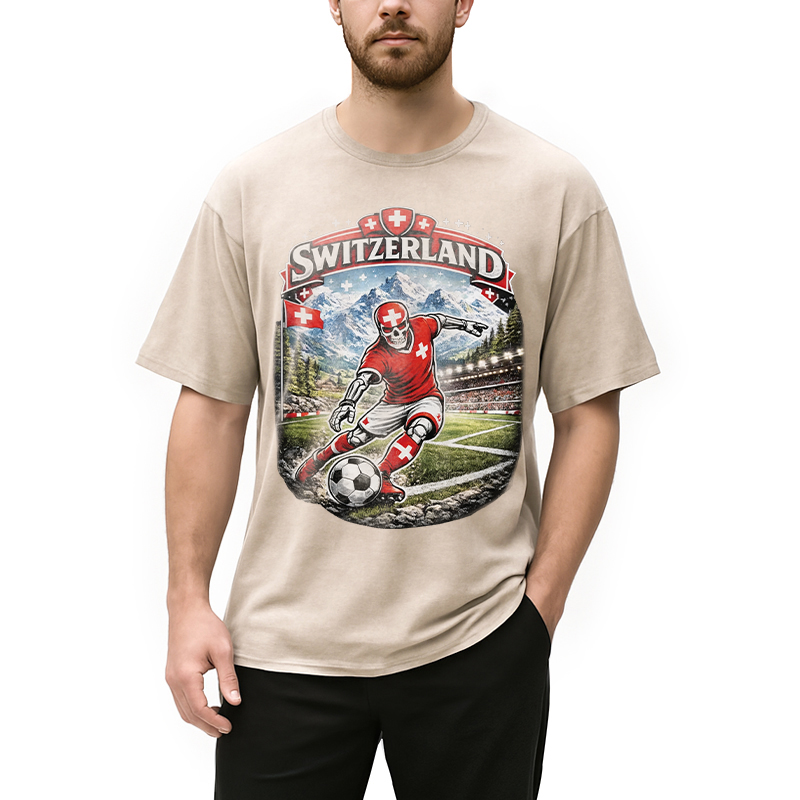 Modecanvas Switzerland Soccer Skull DTG Printing Washed T-Shirt