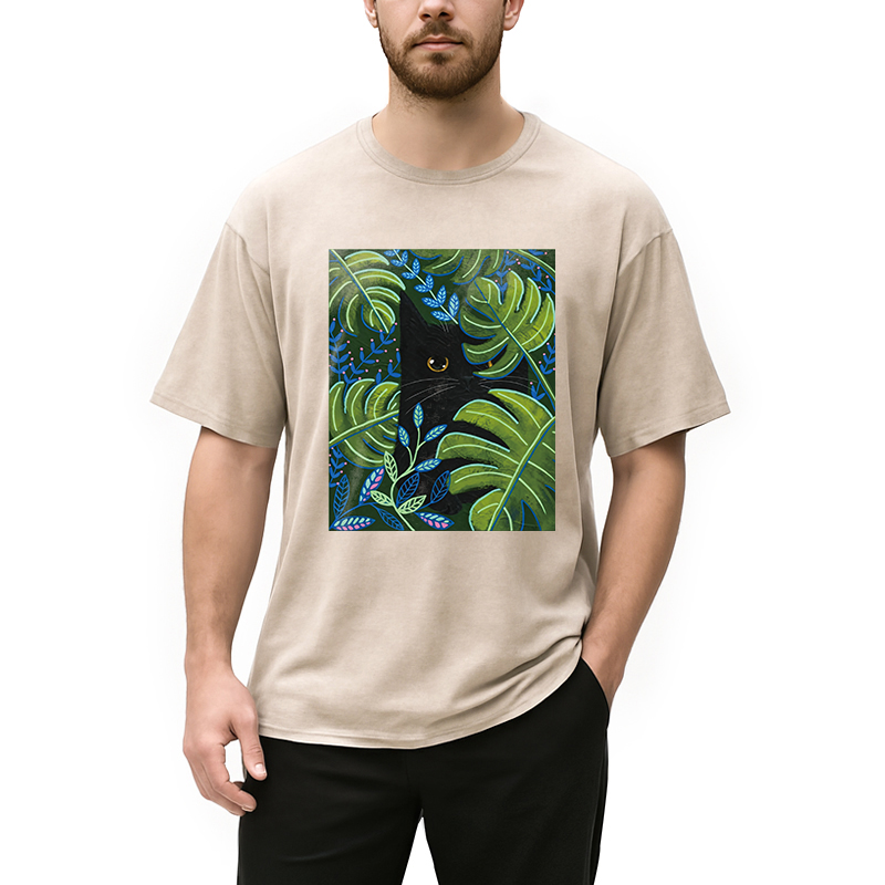 Modecanvas Cat In The Monstera DTG Printing Washed T-Shirt