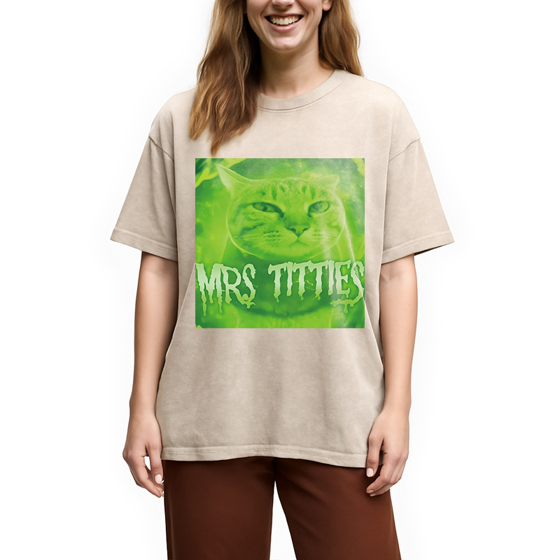 Modecanvas Mrs Titties Cat Meme DTG Printing Washed T-Shirt