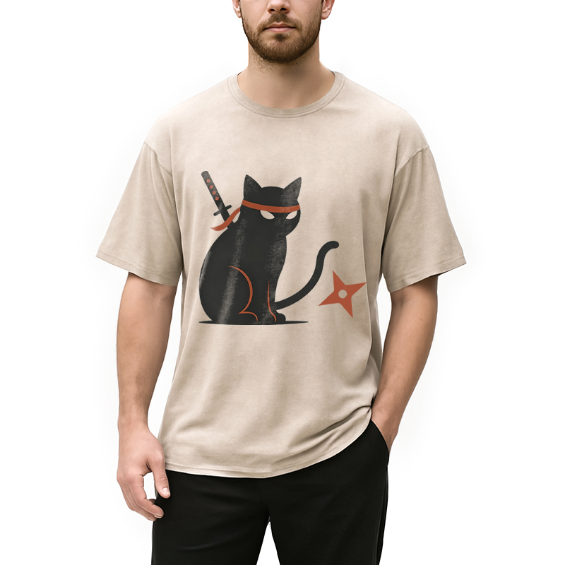 Modecanvas Japanese Ninja Neko Kimono Cat DTG Printing Washed T-Shirt