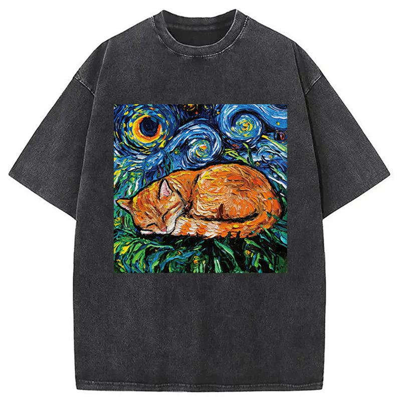 Modecanvas Orange Tabby Night full DTG Printing Washed T-Shirt