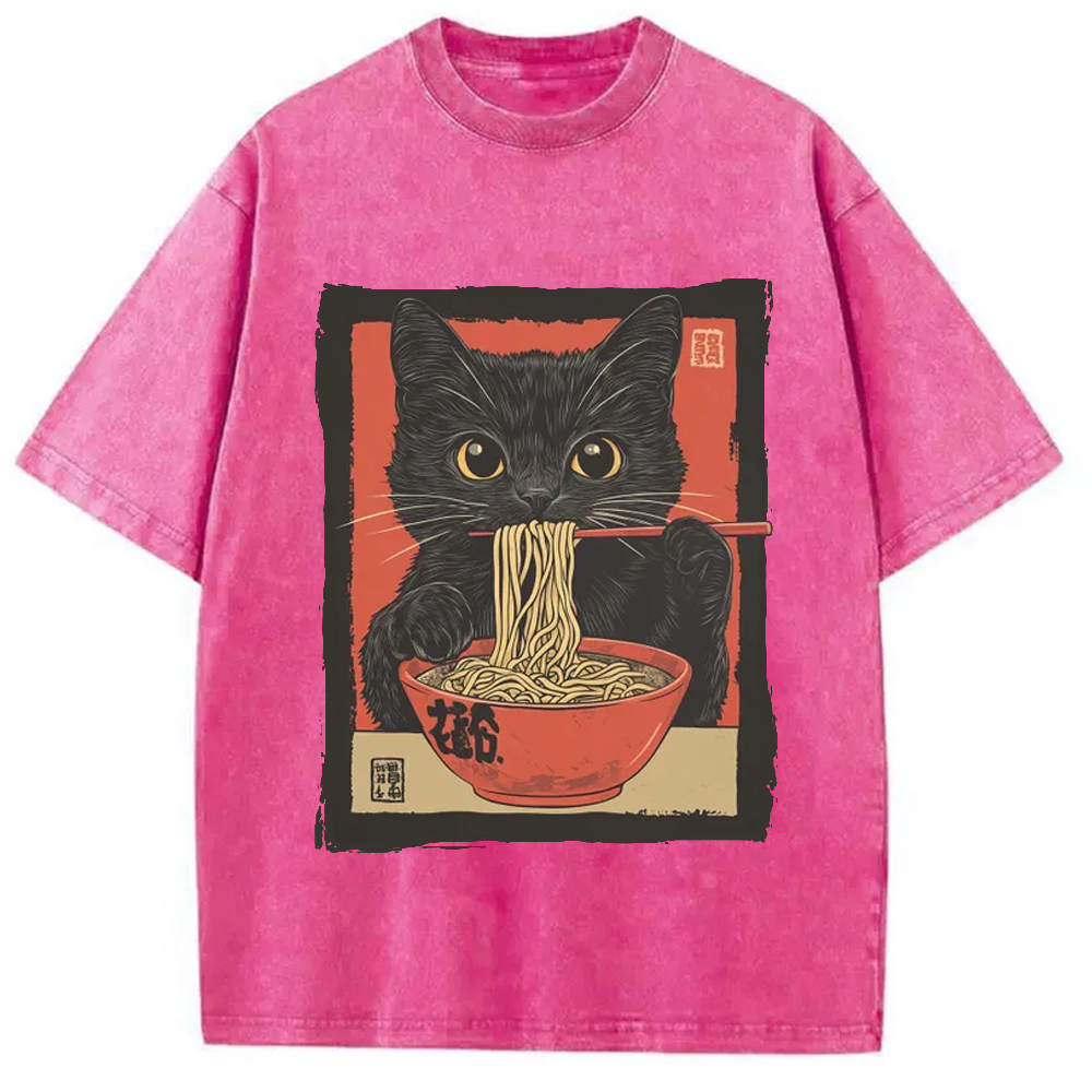 Modecanvas Kawaii Japanese Ramen Cat Vintage Washed T-Shirt