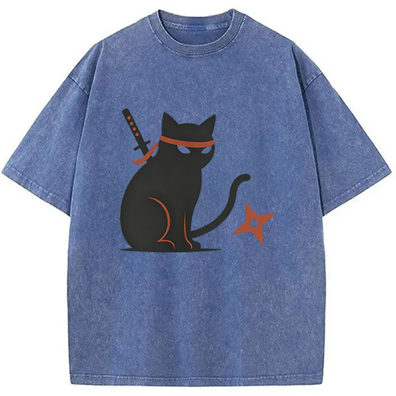 Modecanvas Japanese Ninja Neko Kimono Cat DTG Printing Washed T-Shirt