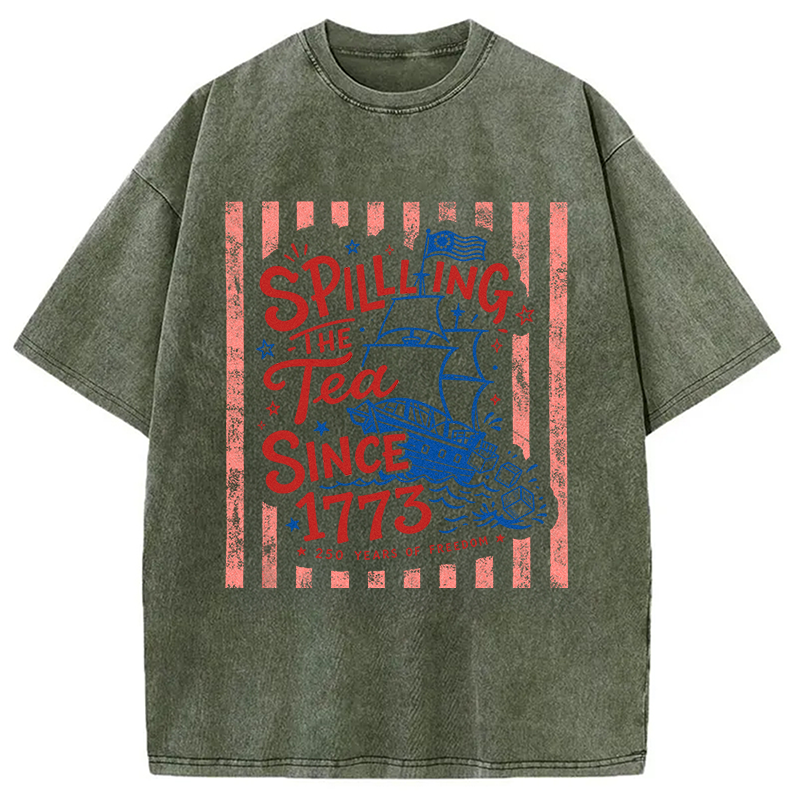 Modecanvas Striped Spilling The Tea Since 1773 DTG Printing Washed T-Shirt