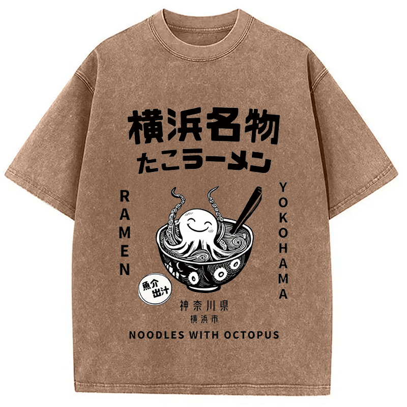 Modecanvas Japanese Kanji Art Octopus Ramen DTG Printing Washed T-Shirt