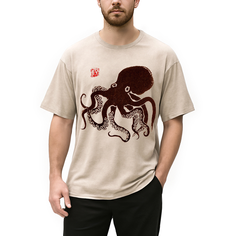 Modecanvas Octopus Japanese Art DTG Printing Washed T-Shirt