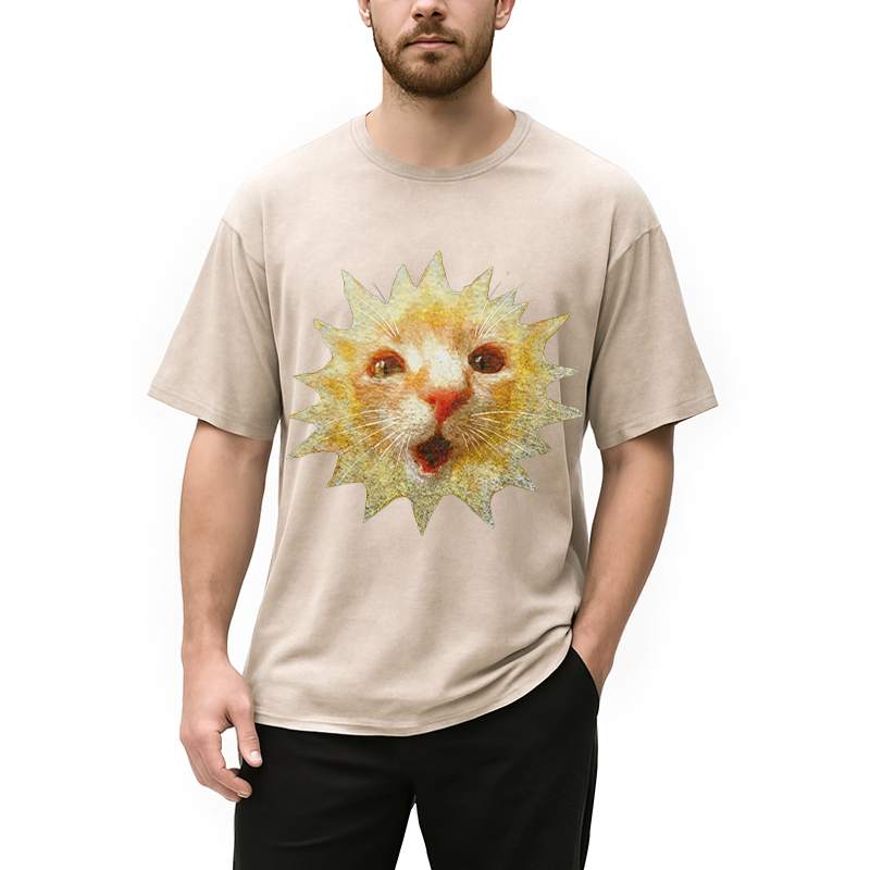 Modecanvas Sun Cat Meme DTG Printing Washed T-Shirt