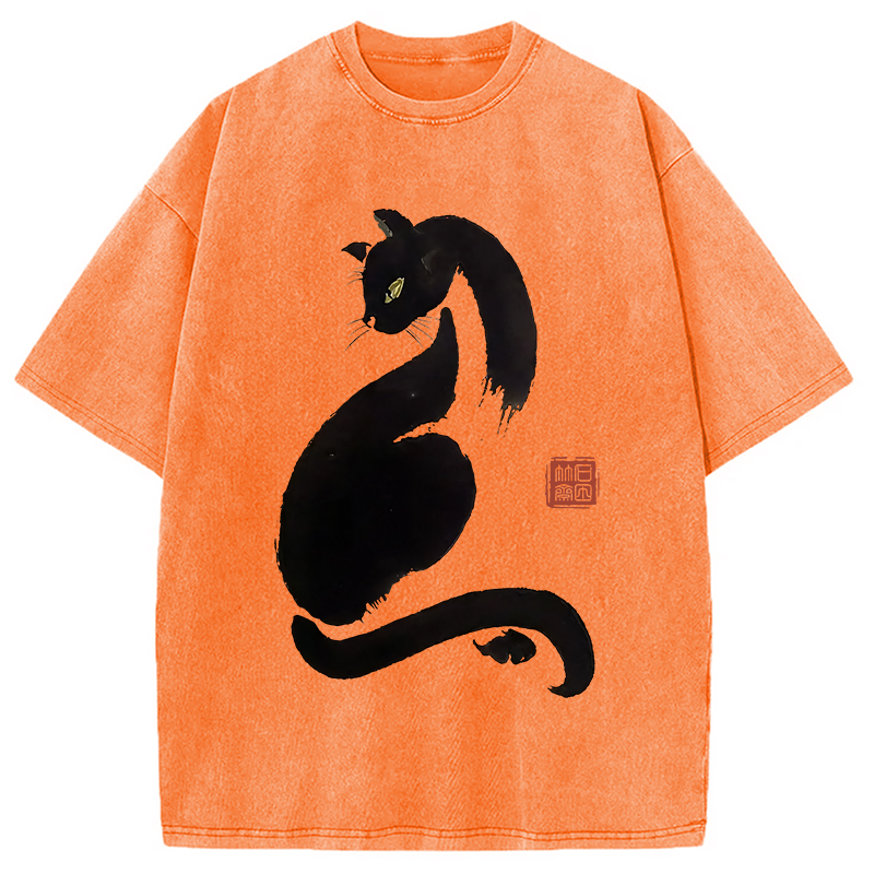 Modecanvas Elegant Black Cat Japan Washed T-Shirt