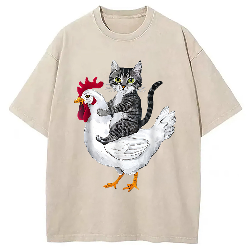 Modecanvas Funny Cat Riding Chicken Washed T-Shirt
