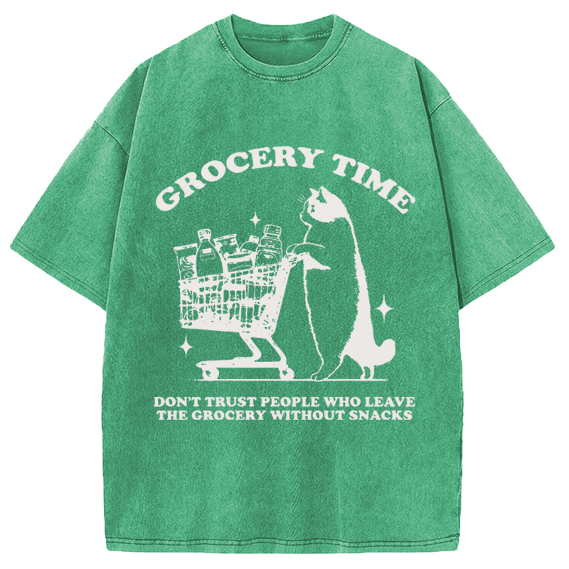 Modecanvas Grocery Time Funny Cat DTG Printing Washed T-Shirt