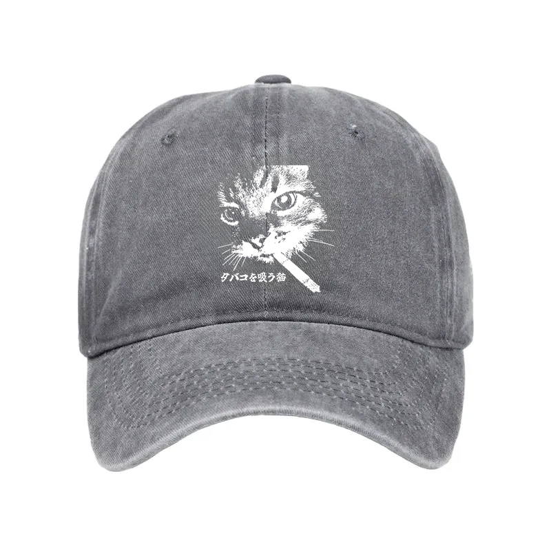 Modecanvas Retro Cat Smoking Washed Cap-modecanvas