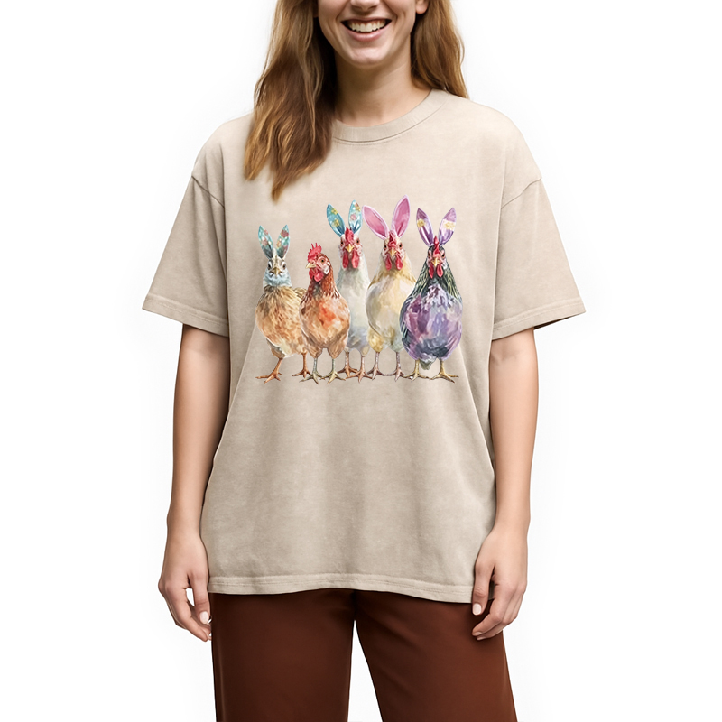 Modecanvas Funny Chicken Easter DTG Printing Washed T-Shirt