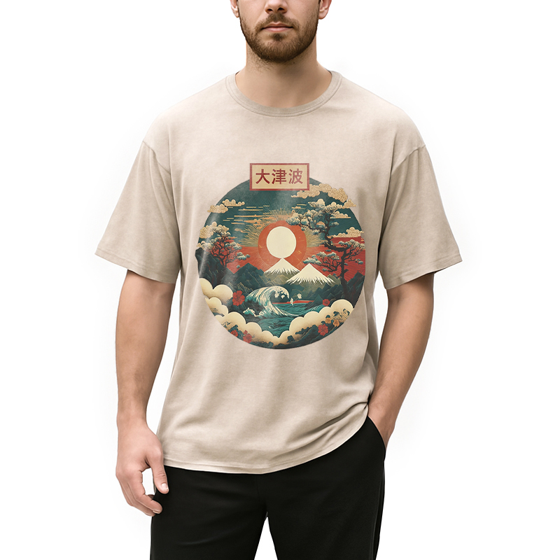 Modecanvas Japanese Red Sunset DTG Printing Washed T-Shirt