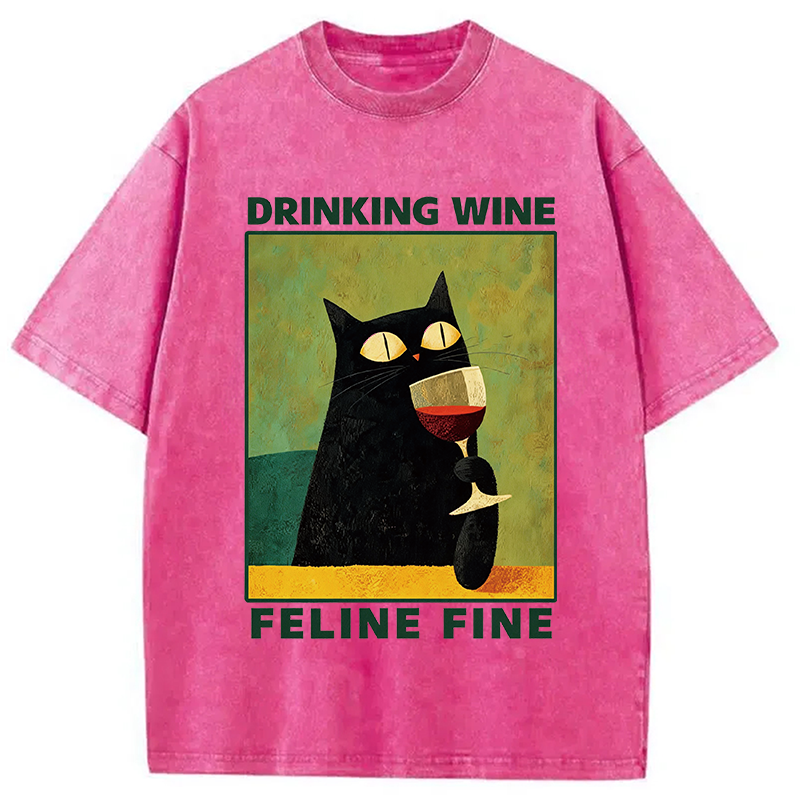 Modecanvas Drinking Wine Feline Wine DTG Printing Washed T-Shirt