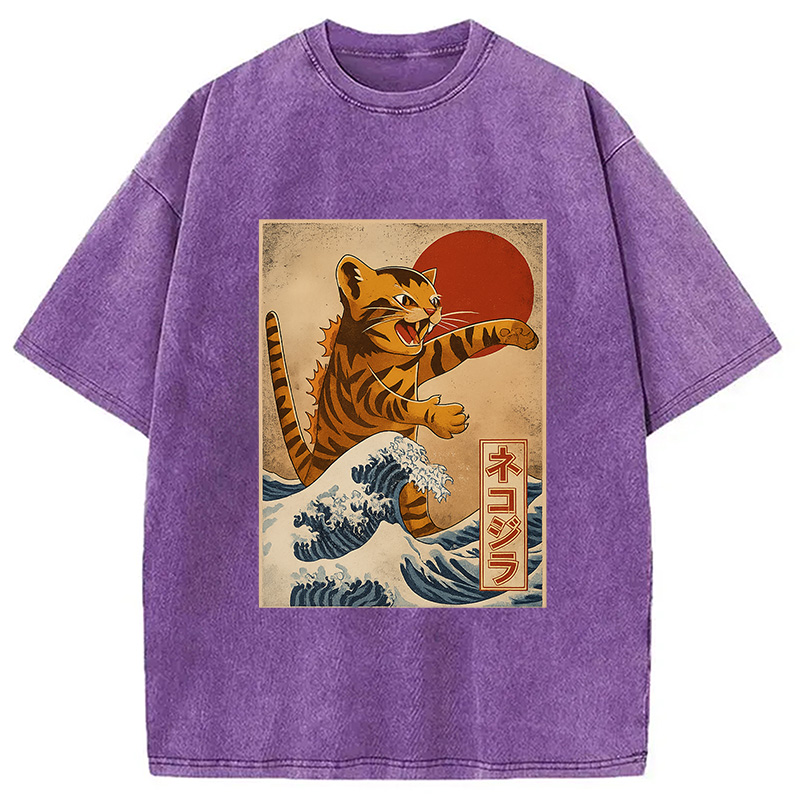 Modecanvas Catzilla Orange Cat Japanese Vintage Washed T-Shirt