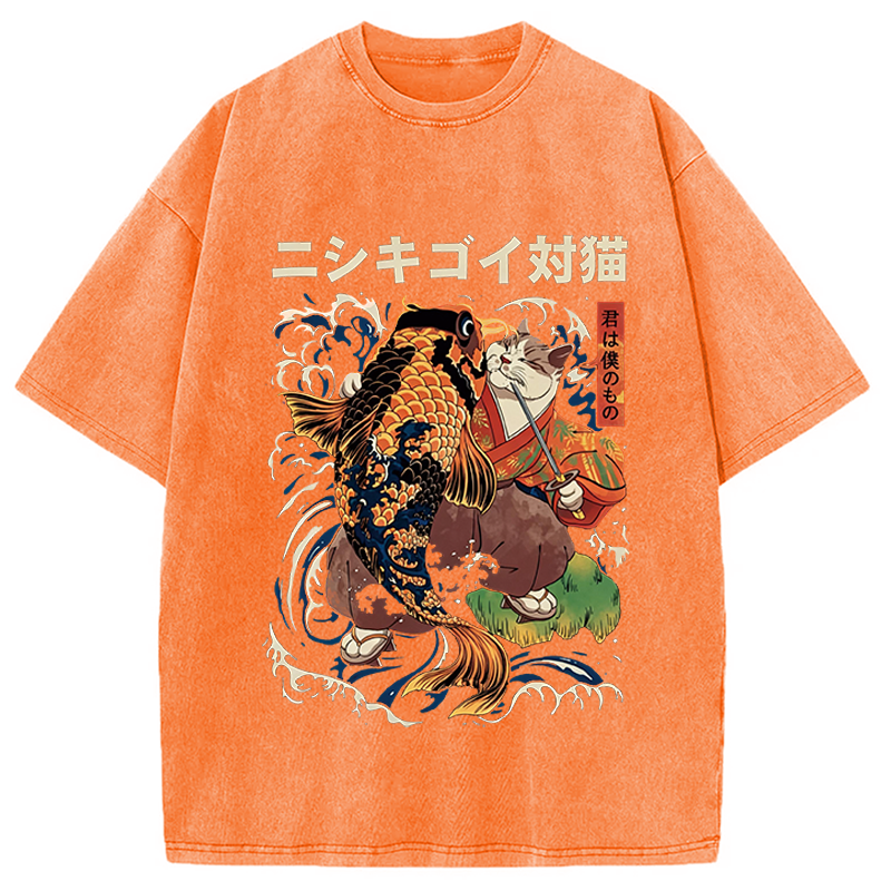 Modecanvas The Cat And The Koi DTG Printing Washed T-Shirt