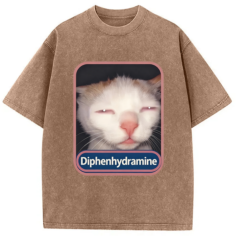 Modecanvas Diphenhydramine Cat Meme Washed T-Shirt-modecanvas