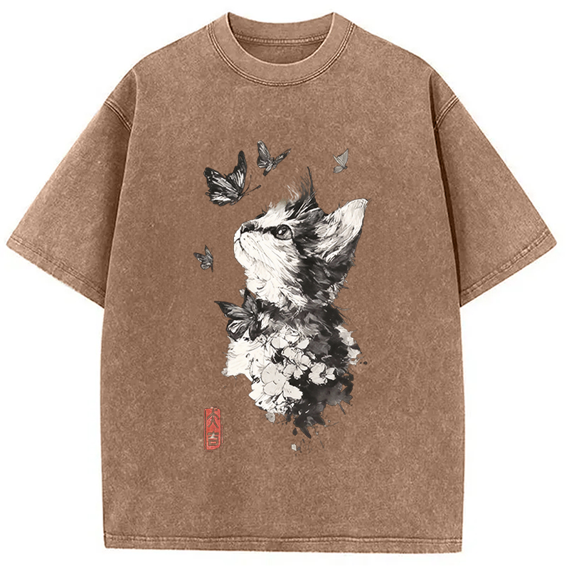 Modecanvas Butterfly and Cat Gaze DTG Printing Washed T-Shirt-modecanvas