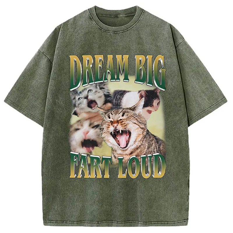 Modecanvas Dream Big Fart Loud Funny Cat Meme DTG Printing Washed T-Shirt