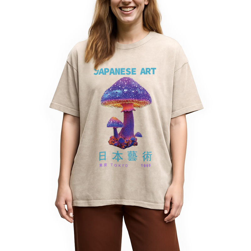 Modecanvas Magic Mushrooms Japanese Art Washed T-Shirt