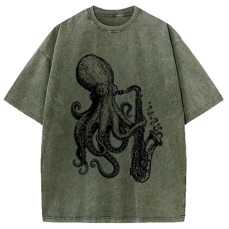 Modecanvas Octopus Playing Saxophone Washed T-Shirt