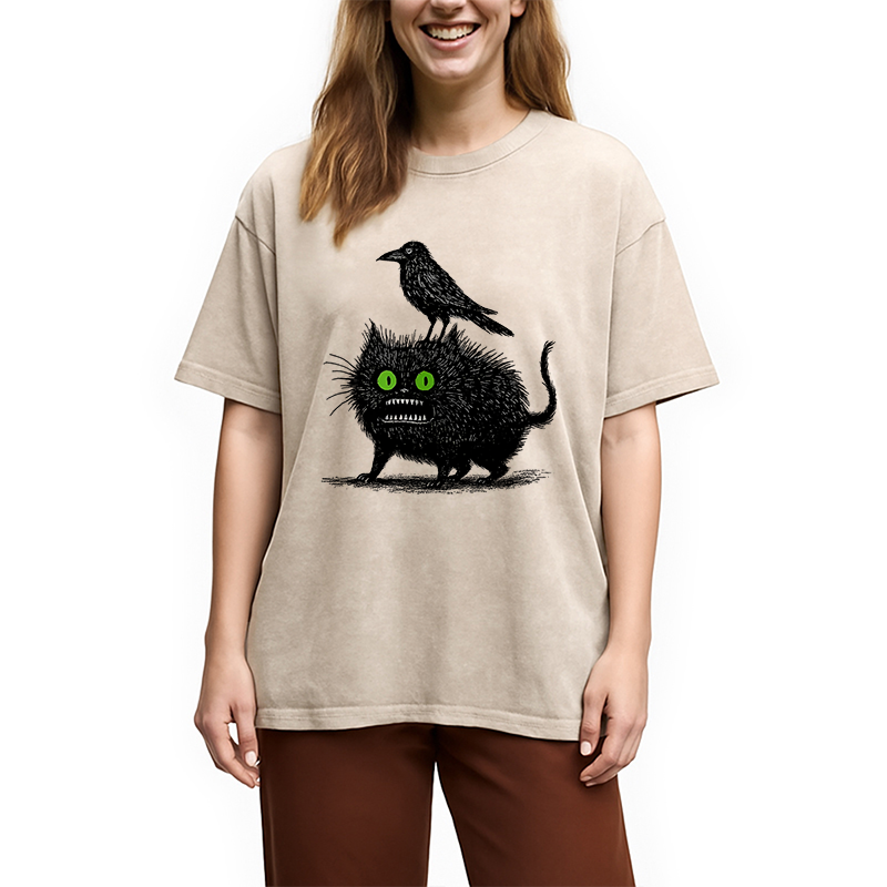 Modecanvas Crow And Black Cat Washed T-Shirt