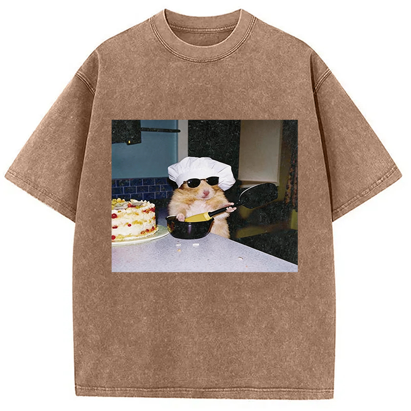 Modecanvas Vintage Chef Hamster Cooking Meme DTG Printing Washed T-Shirt