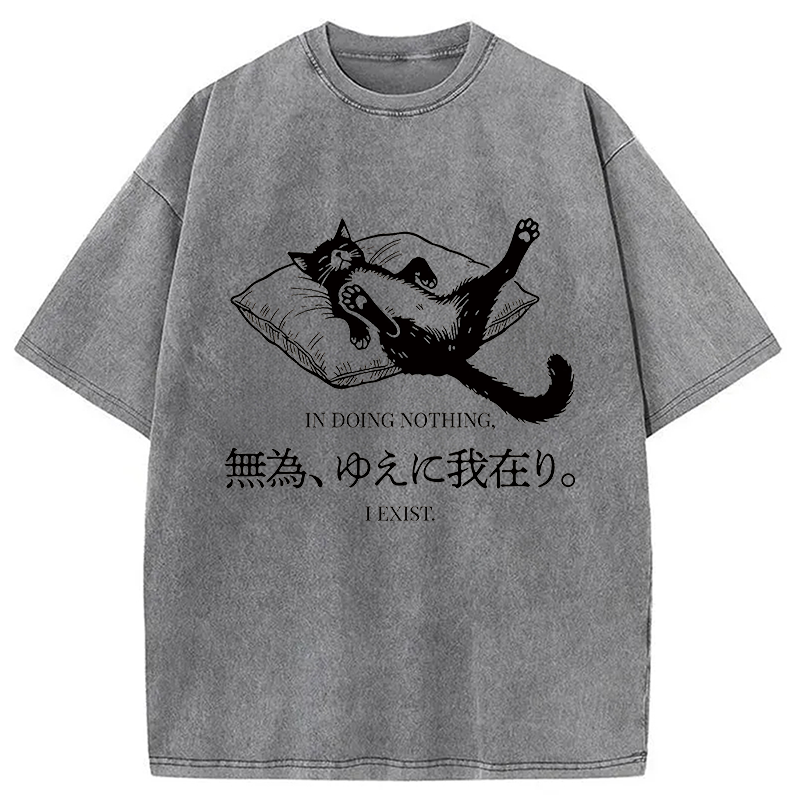 Modecanvas Minimalist Lazy Cat DTG Printing Washed T-Shirt-modecanvas