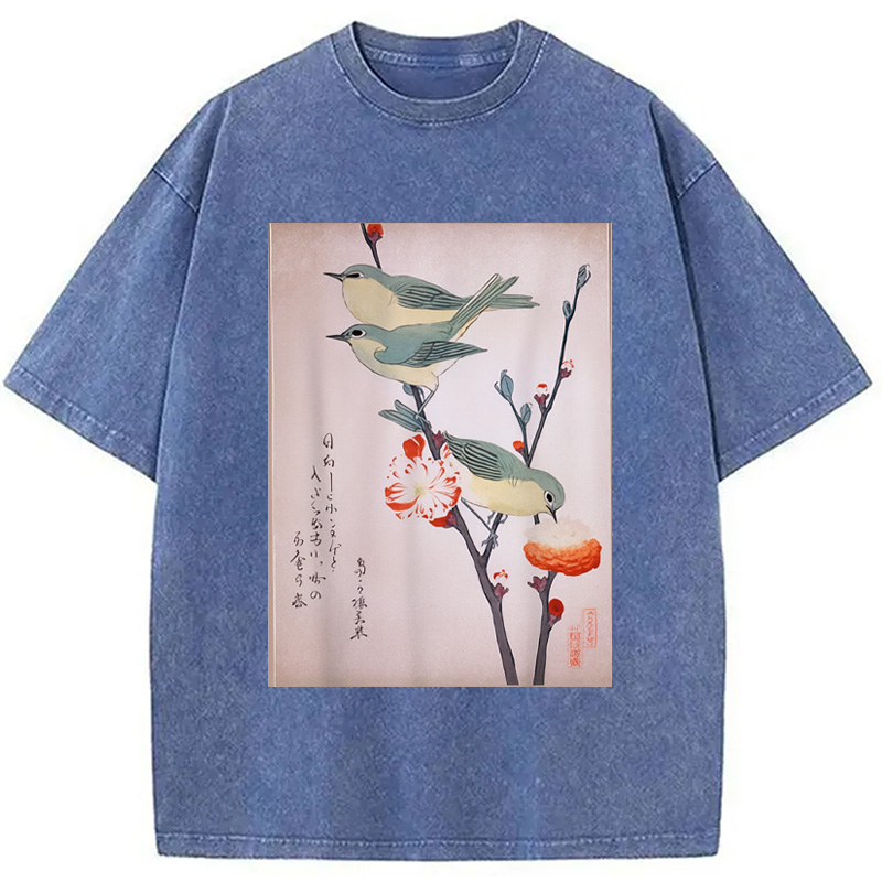 Modecanvas Japanese Art Birds on Cherry Blossom Washed T-Shirt