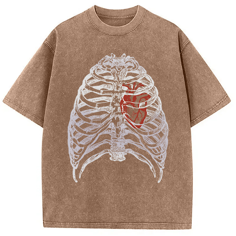 Modecanvas Skeleton Rib Cage Heart DTG Printing Washed T-Shirt-modecanvas