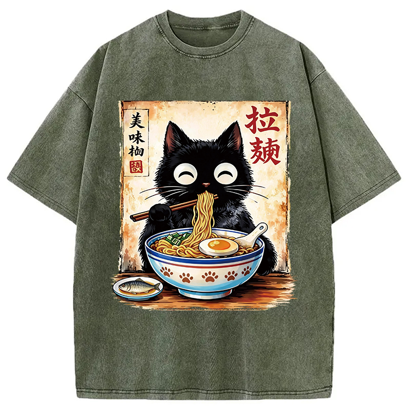 Modecanvas Cute Cat Slurping Ramen DTG Printing Washed T-Shirt
