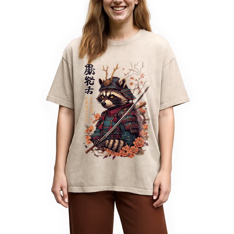 Modecanvas Japanese Raccoon Art DTG Printing Washed T-Shirt-modecanvas