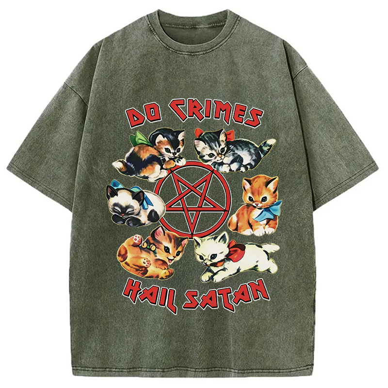 Modecanvas Cute Cats Do Crimes Hail Satan DTG Printing Washed T-Shirt