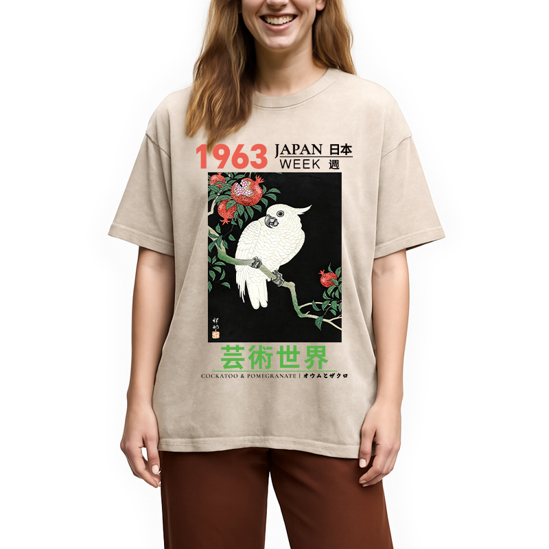 Modecanvas Cockatoo & Pomegranate DTG Printing Washed T-Shirt