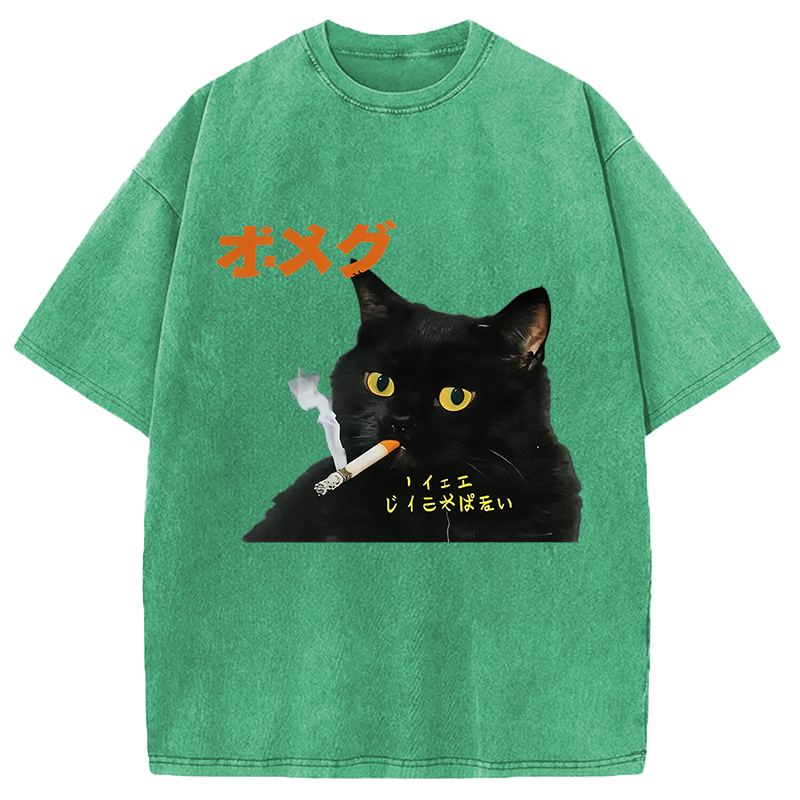 Modecanvas Smoking Cat Japanese DTG Printing Washed T-Shirt