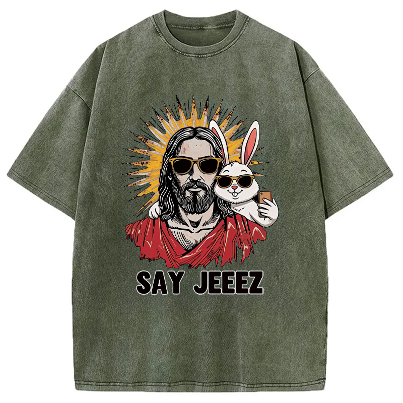Modecanvas Say Jeeez Funny Easter DTG Printing Washed T-Shirt